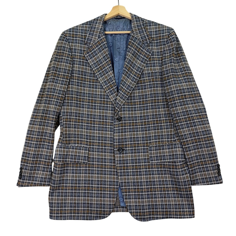 Vintage Sears Men 44XL Travelknit Blazer The Mens Store Blue Brown Plaid 70s USA